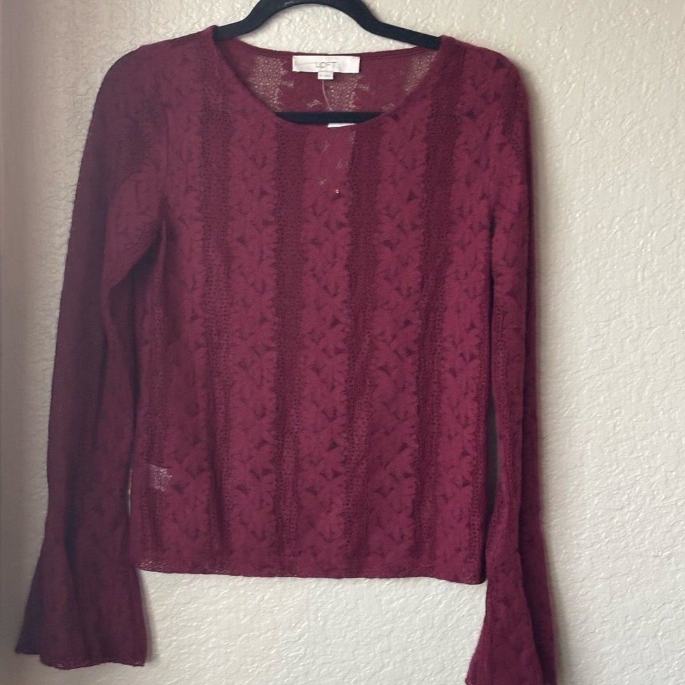 LOFT Women's Chic Coquette Burgundy Medium Lace Bell Sleeve Blouse